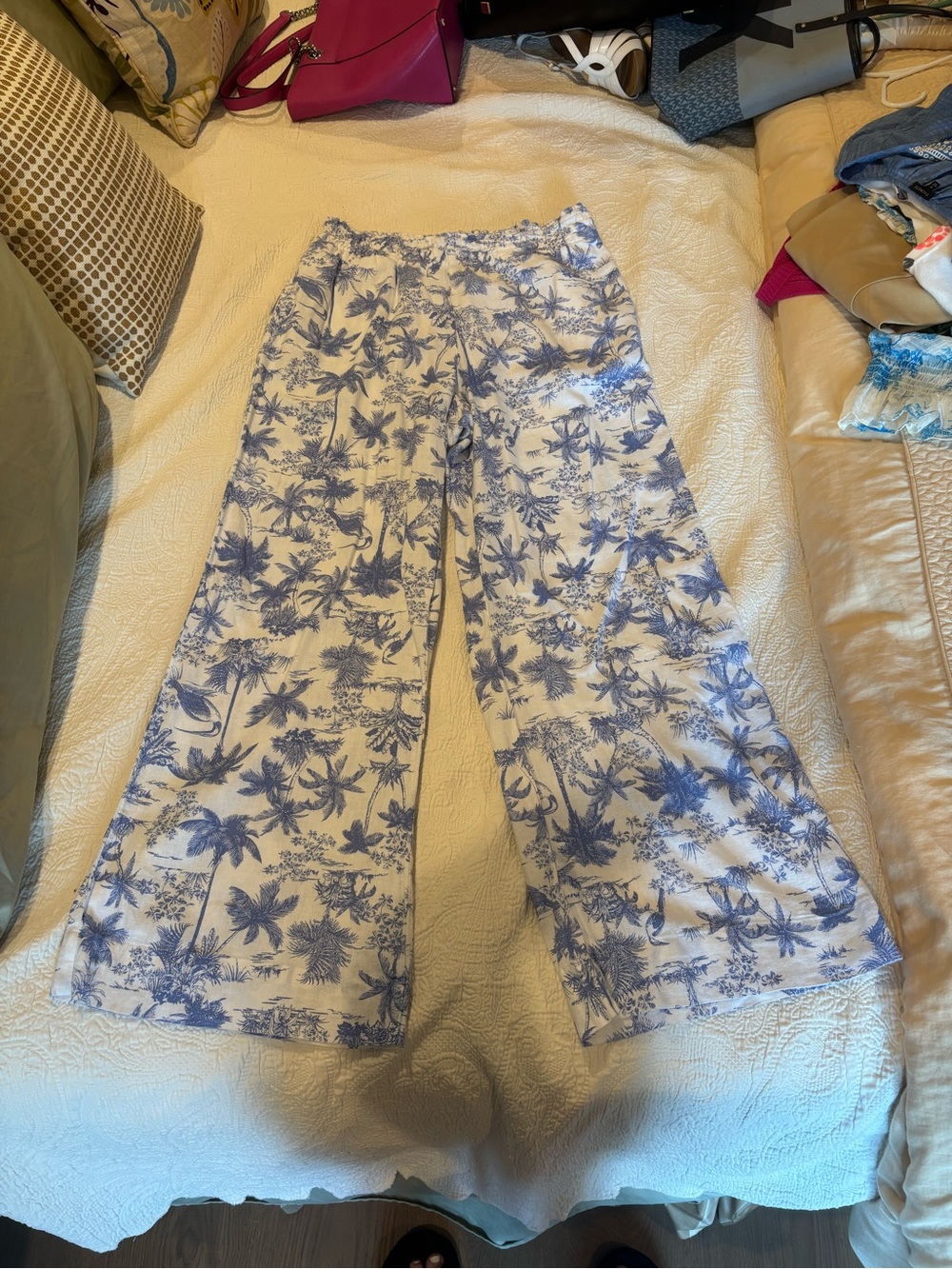 A New Day White Wide-Leg Pants with Blue Tropical Print
